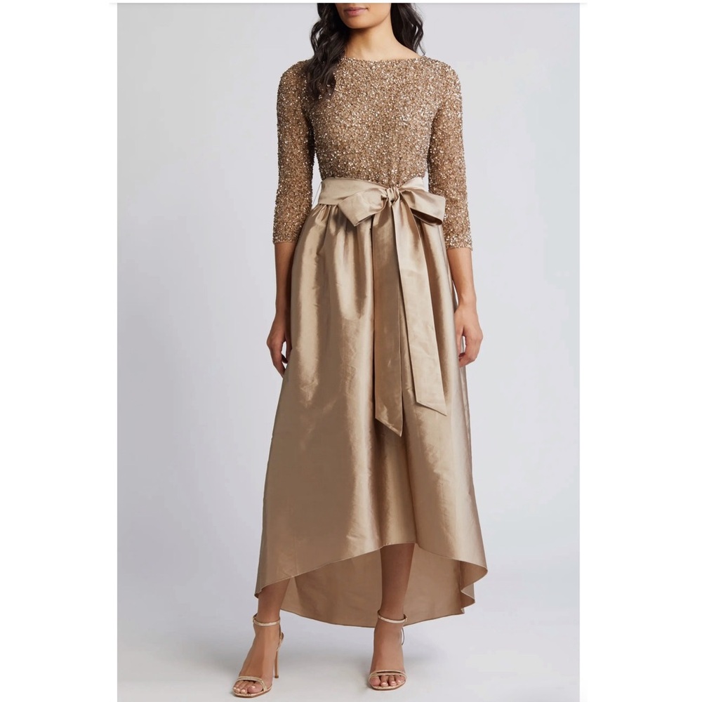 Pisarro Nights Beaded Bodice Taffeta A-Line Gown Light Mocha
